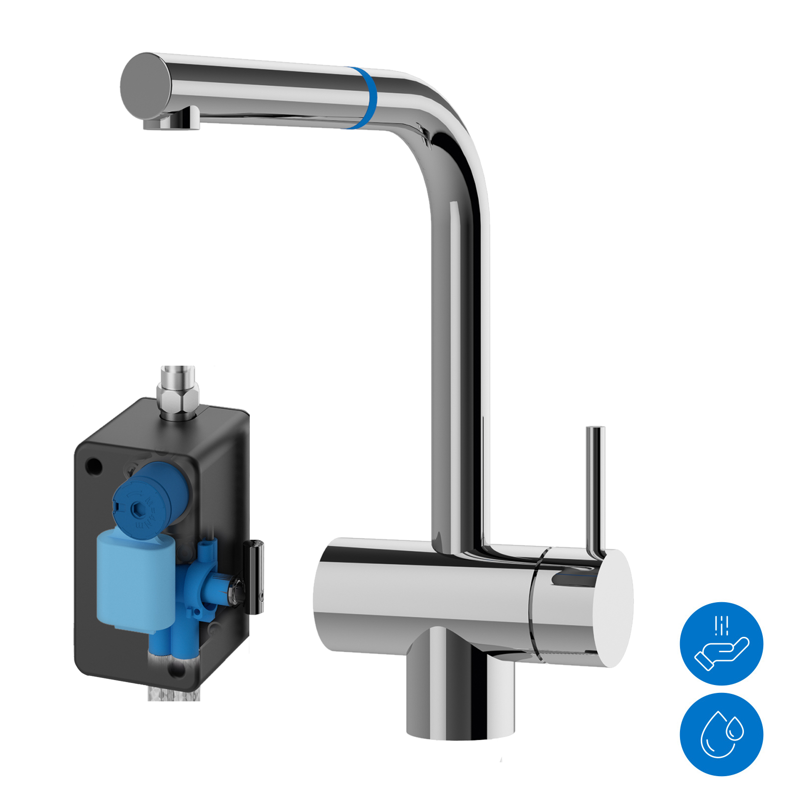 Kitchen faucet with external hydraulic unit (presetting temperature option)